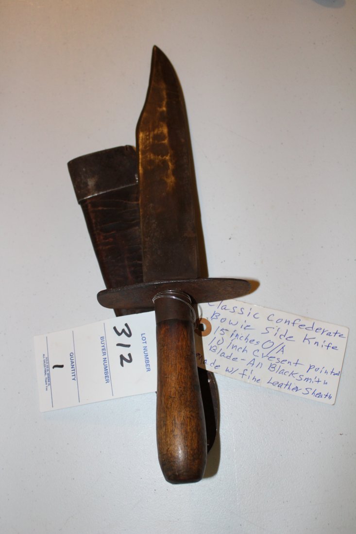 Classic confederate Bowie side knife: Classic confederate Bowie side knife 15" OA 10" crescent pointed blade - all blacksmith made with fine leather sheath