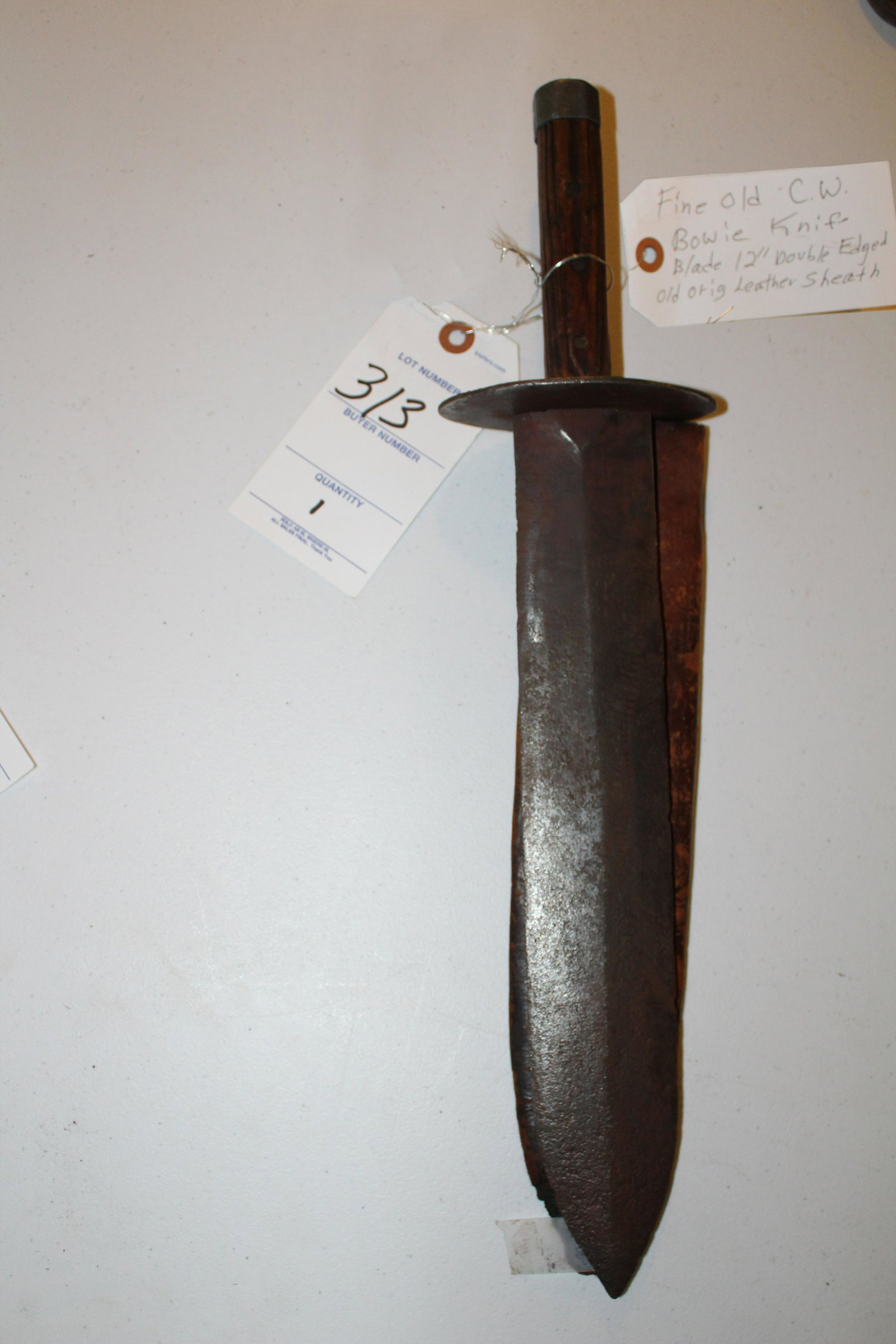 Fine old C.W. Bowie knife: Fine old C.W. Bowie knife blade 12” double-edged old original leather sheath