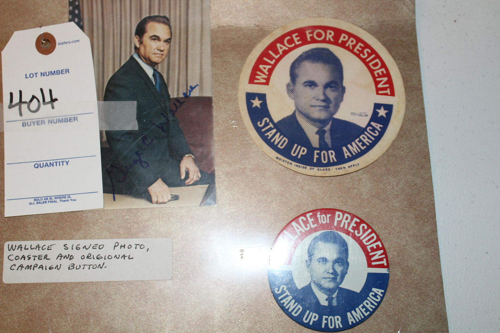 George Wallace signed photo: George Wallace signed photo, coaster, and original campaign button