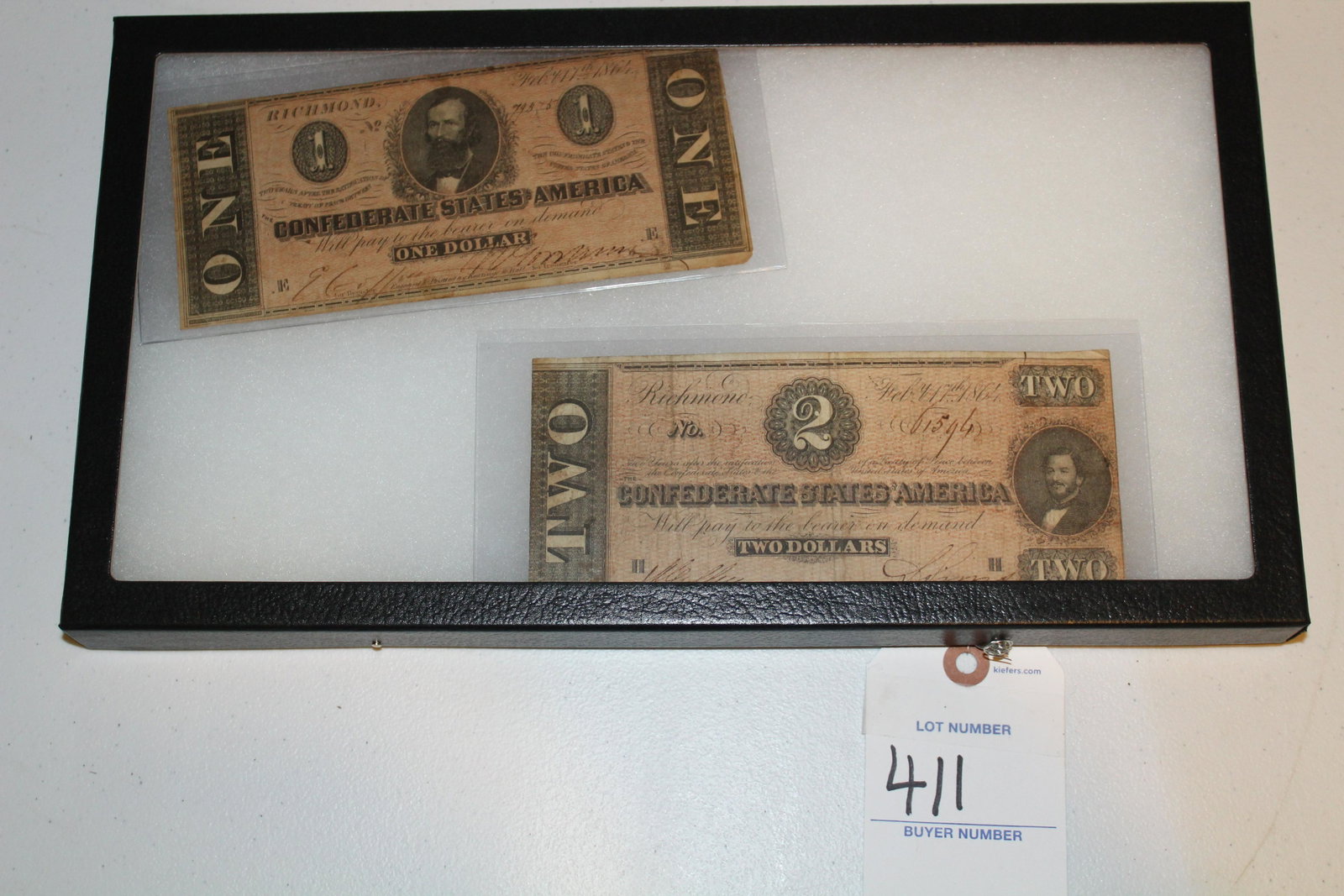 Two Confederate bills, $1 & $2 bill: Two fine condition Confederate bills, rare 1-side printed $1 bill & $2 bill