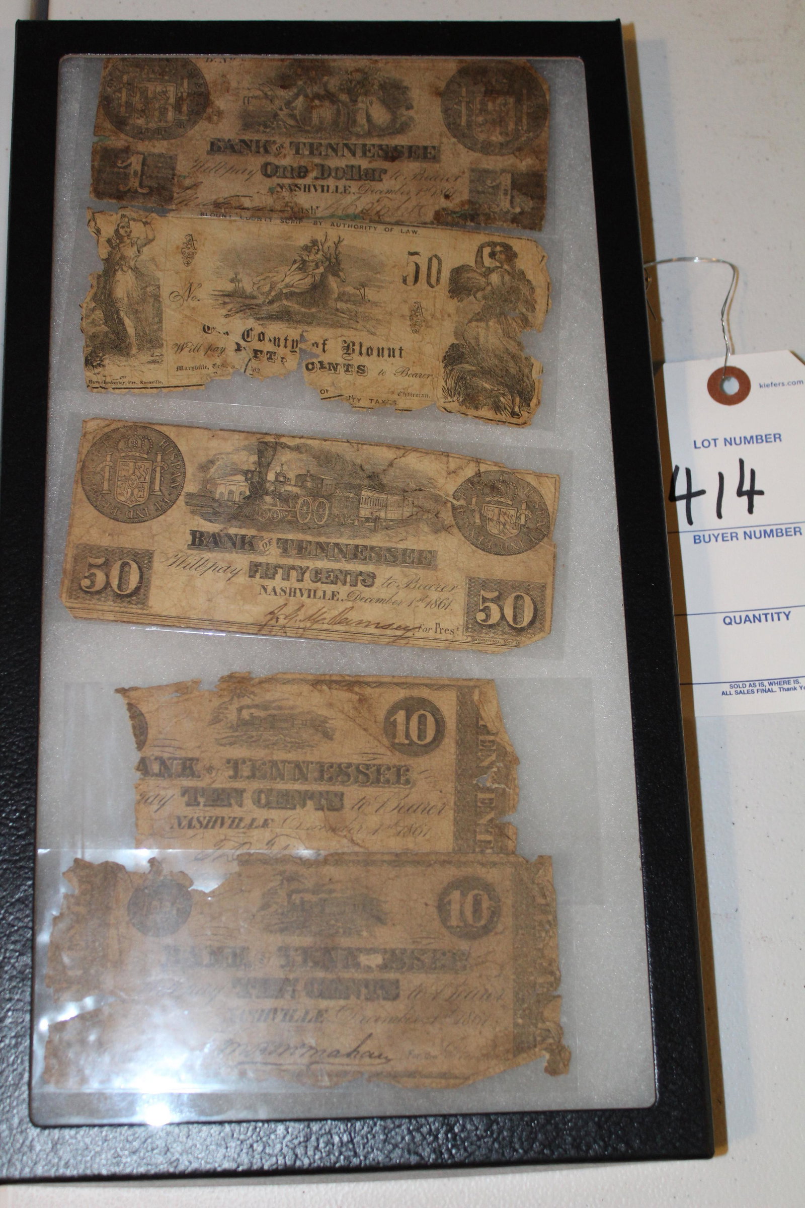 Lot of five single face Confederate Bills: Lot of five single face Confederate Bills, Nashville, Tenn. One $1, two 50 cent and two 10 cent