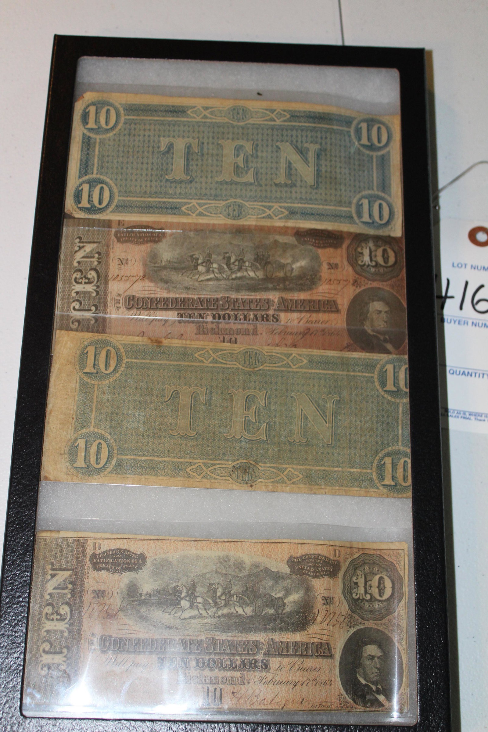 Lot of 4 bills of Confederate currency: Confederate currency. Lot of 4 bills, all Richmond, all $10 bills, all double faced