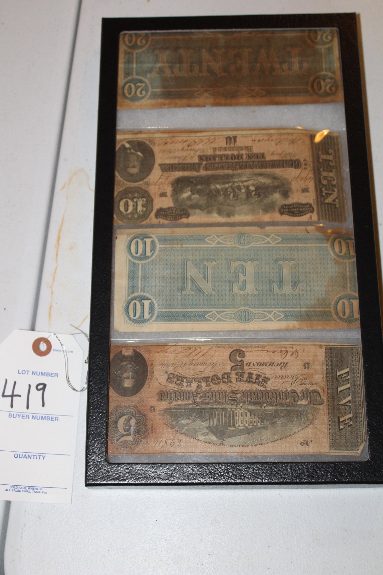 Lot of 4 bills of Confederate currency: Confederate currency, 4 bills - all Richmond. One $5, two $10 and one $20 all double faced