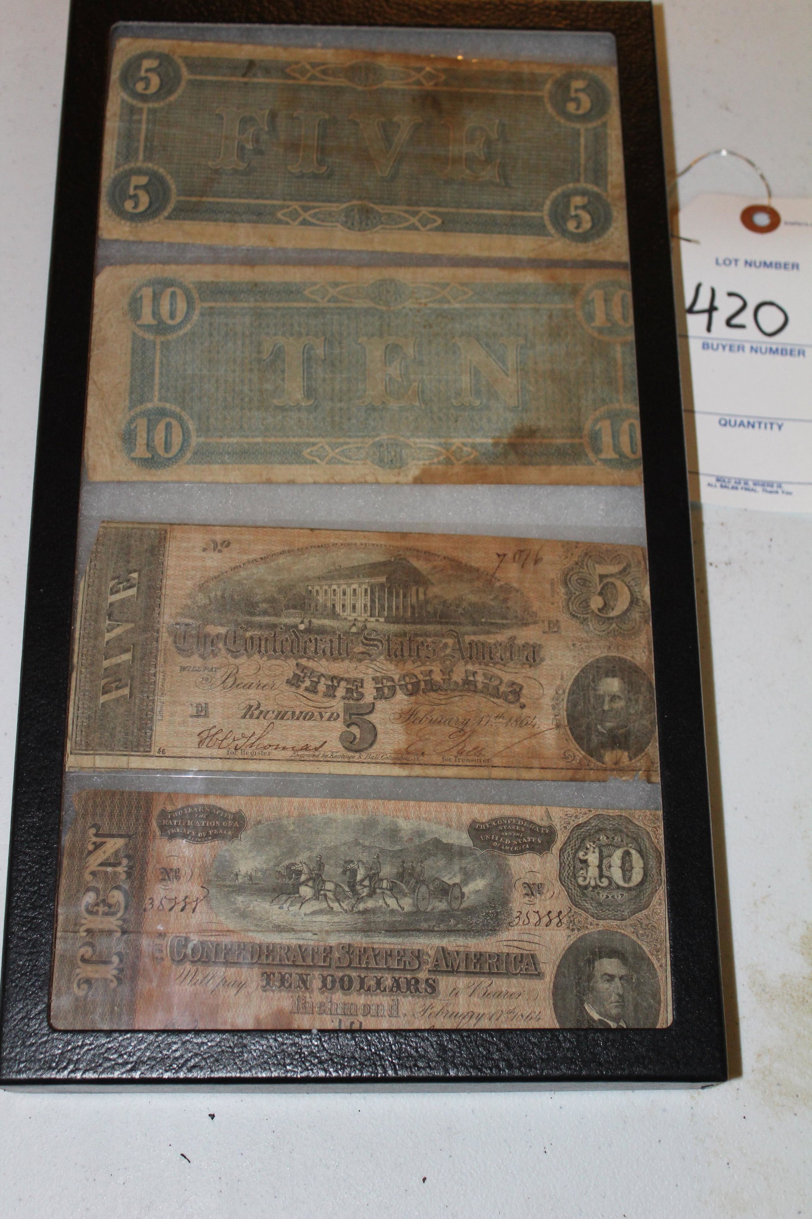 Lot of 4 bills of Confederate currency: Confederate currency, 4 bills - all Richmond. 1 & 3 are $5 double faced, 2 & 4 are $10 double faced