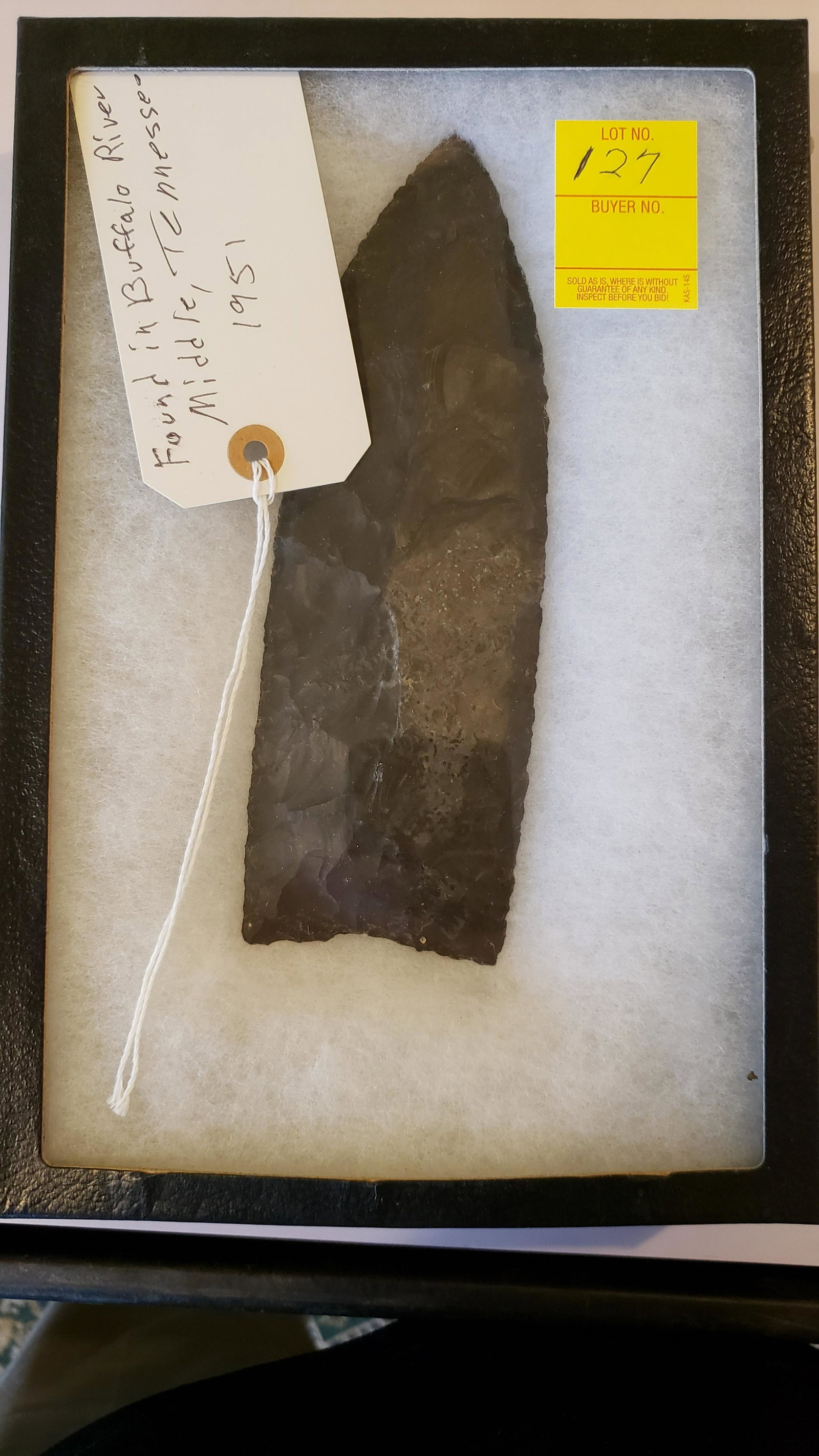 Large spear or lance head: Large spear or lance head, 8.5 inchx3 inch black flint, found in Buffalo river, 1951