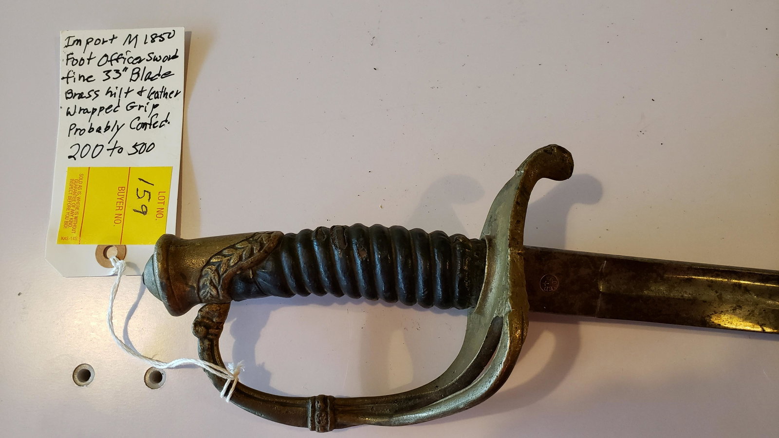 Import M1850 foot officer sword: Import M1850 foot officer sword, fine 33 inch blade, brass hilt, leather wrapped grip, probably Confederate