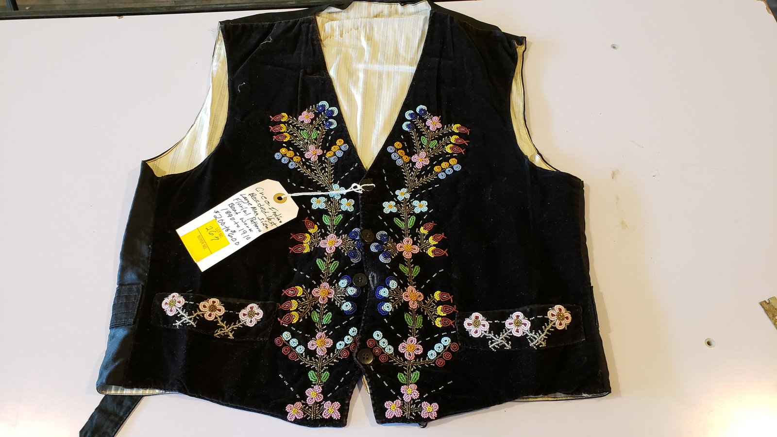 Cree beaded vest: Cree beaded vest, large man size, floral pattern bead work, 1890-1910