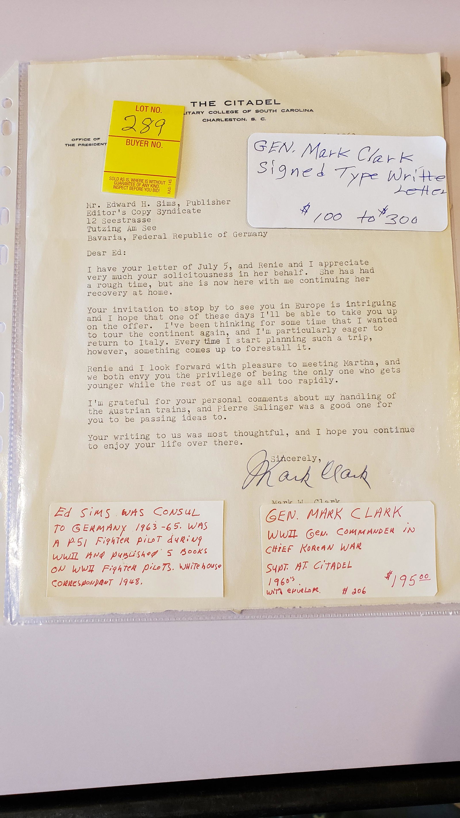 Gen. Mark Clark signed letter: General Mark Clark signed typewritten letter