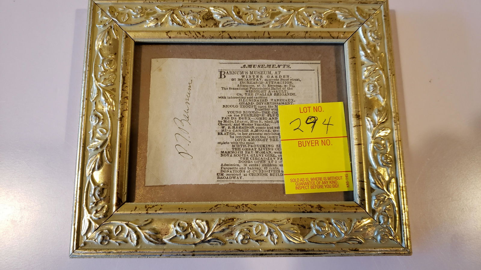 PT Barnum signature: PT Barnum signature, circus owner, author of There is a Sucker Born Every Minute on circus museum broadside