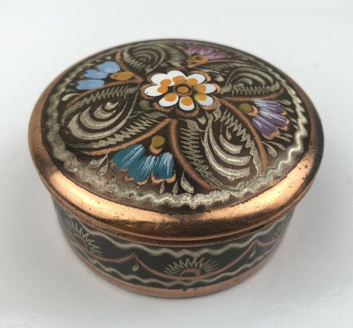 Vintage Brass Copper Etched color flower trinket box (1 of 5)