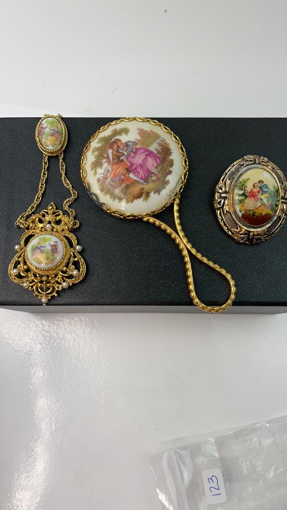 Vintage Figural Guilt Mirror,brooch,and necklace (1 of 12)
