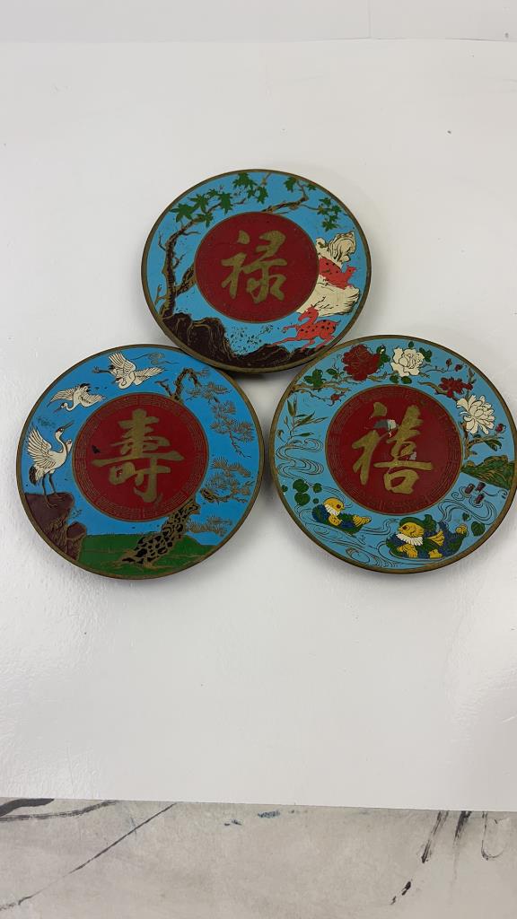 Vintage Chinese Cloisonne Enameled Coasters Set of 3 (1 of 5)