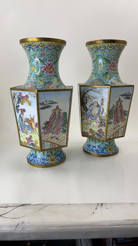 Pair Antique Chinese Famille Rose Cloisonne Story Vase (1 of 8)