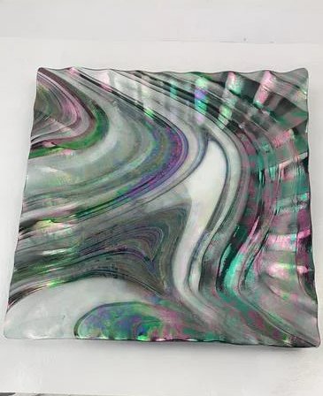 Loetz Style Iridescent Art Glass Dish Plate Signed: Mystery Artist signed iridescent loetz style plate.Some scratches, Good overall condition.8 1/2" Long x 3/4" deep.