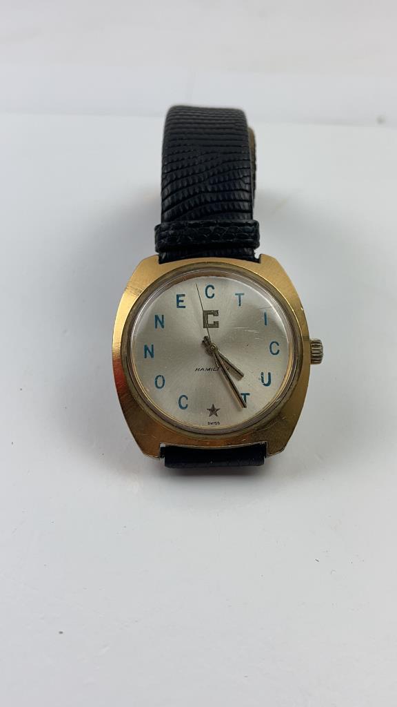 Vintage Hamilton Men's Watch: Vintage Hamilton Men's Watch. Water resistant watch with leather band. Face of the watch says Connecticut in blue. Good Working condition.