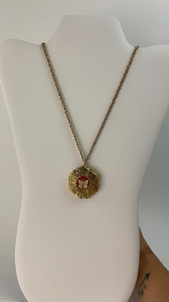 Antique Gold Tone Filigree Cameo Perfume Necklace (1 of 4)