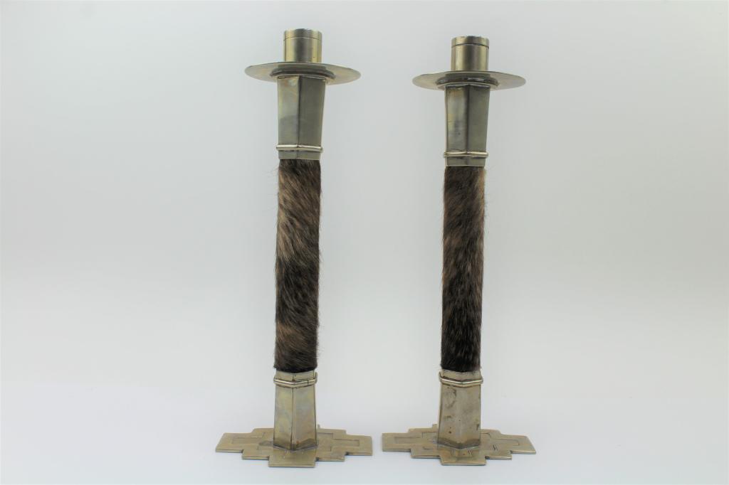 Vintage Silver Tone Candle Sticks With Animal Fur: Pair of Silver tone candle stick holders with the middle wrapped in some type of animal hair. Good overall condition and weight, The Animal hair is sewn on. Measures about 10"Tall. $18.00 US Shipping