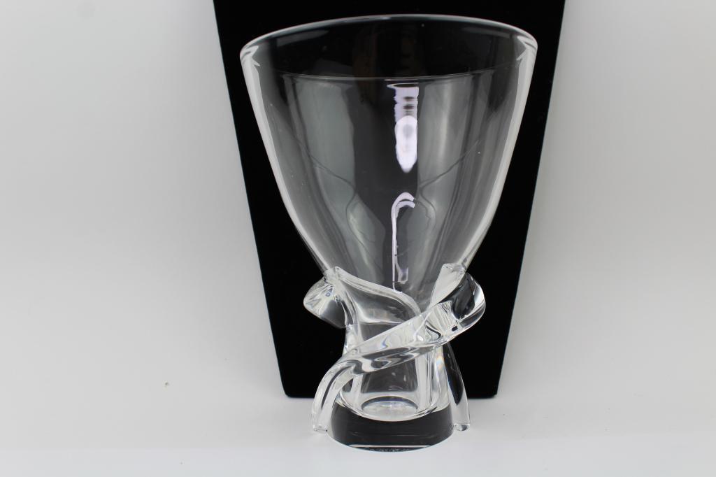 Steuben Clear Glass Vase Bowl: Signed Steuben Vase Bowl. Bottom has a swirl design and signed. Good OVerall Condition, Measures about 8"T x 6" At the widese and 3.5" at the smallest width. $20.00 US Shipping