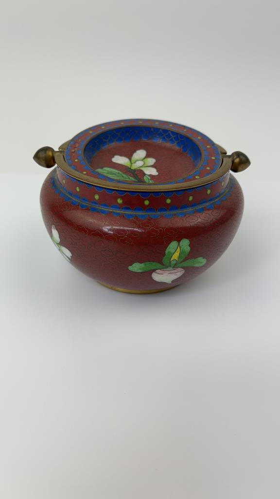 Cloisonne Flip Top Ashtray: Old Cloisonne Flip top ashtray. Very pretty Red, Blue and Green colors. Good Overall condition. Some chipping to the ebamel on one side of the tray from age and use. Measures about 4.5"w x 3.5"t $15.0