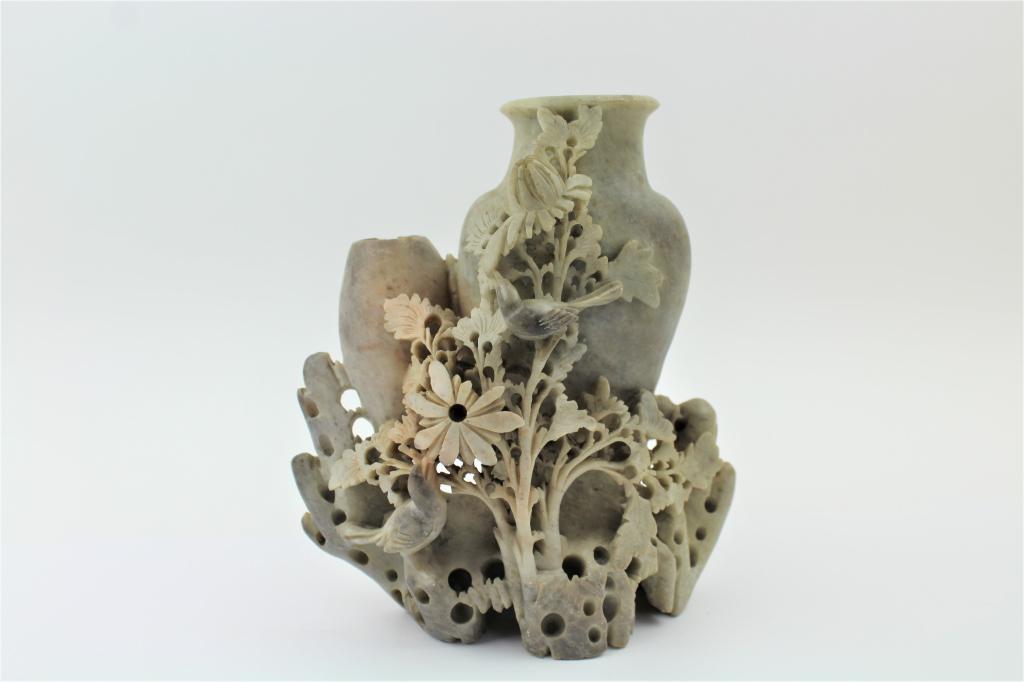 Asian Soapstone Vase Carving: Very Pretty and detailed asian soapstone vase carving. Has 2 Carved out vases with flowers and birds carved into the front. Good Overall condtition and size. Small chip to the back of small vase and t