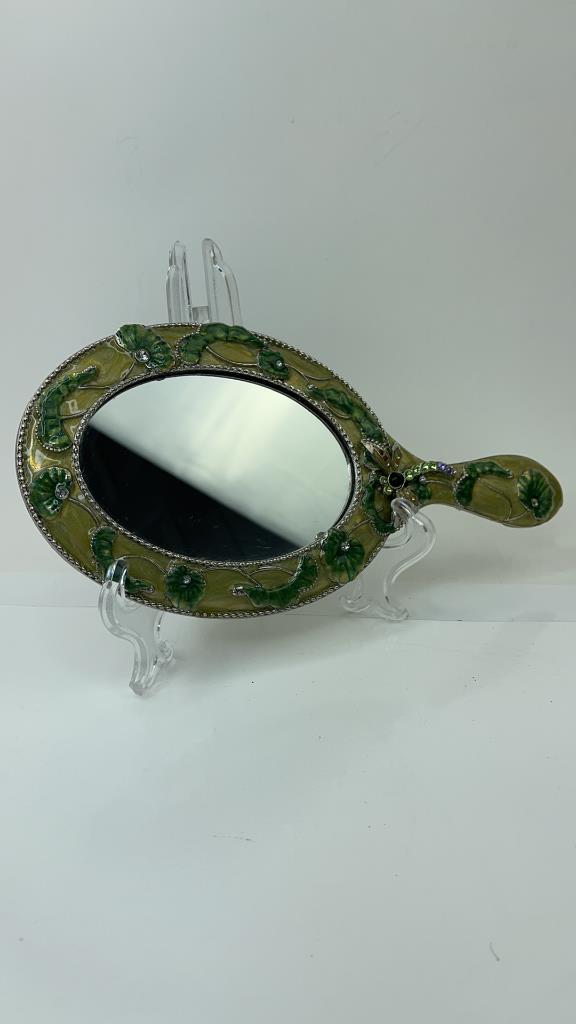 Enameled And Rhinestone Dragonfly Mirror: Beautiful and Heavy Enameled And Rhinestone mirror with a beautiful Dragonfly on the Handle. Good Overall condition. Meauseres about 10"L x 5"W $15.00 US Shipping