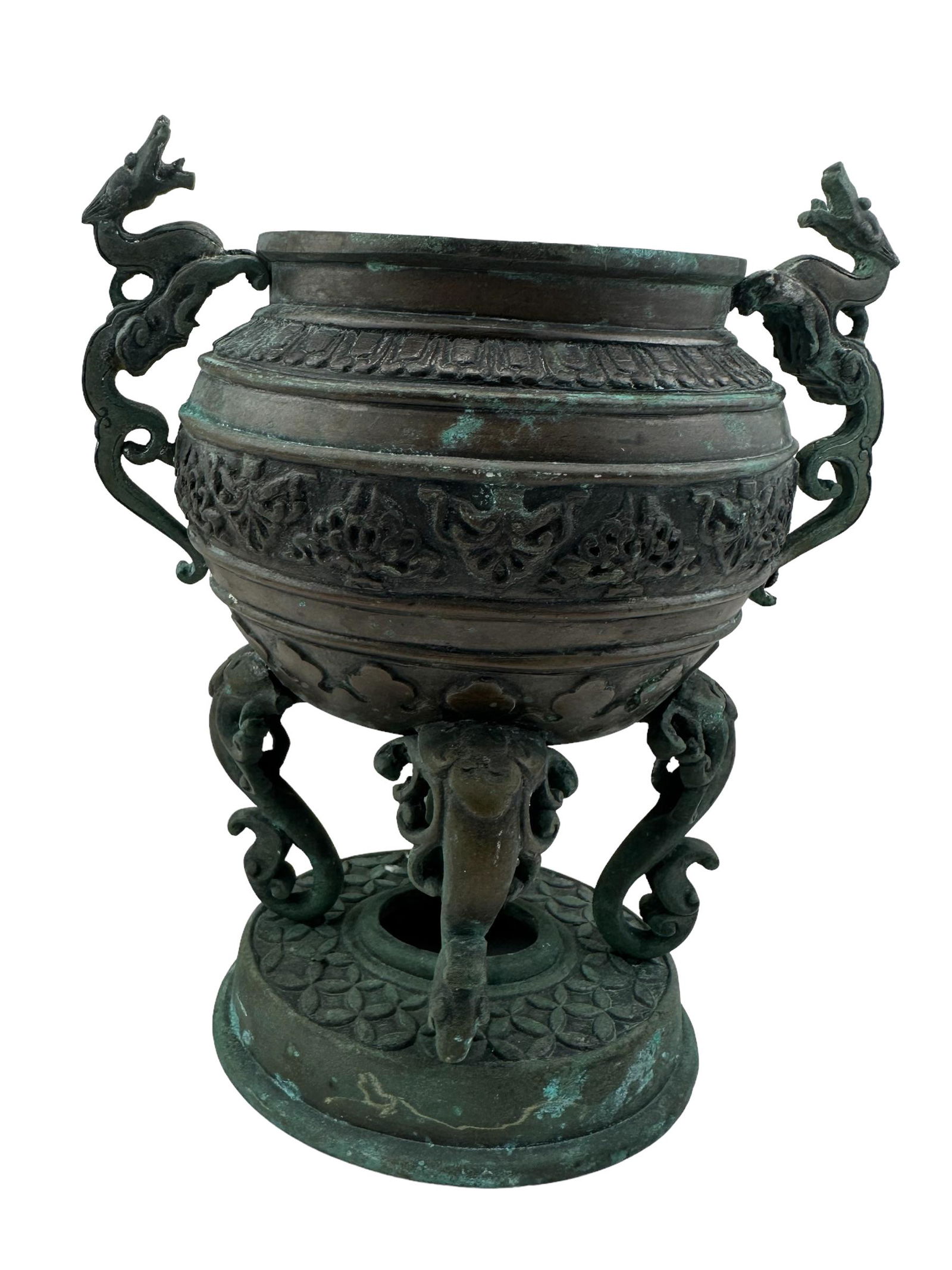 Antique Bronze Asian Dragon Handle Footed Insence Burner (1 of 4)