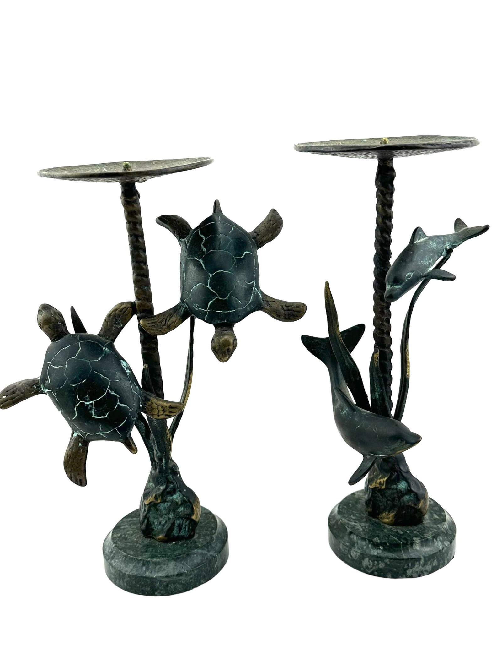 Bronze Sea Life Candle Stick Holders: Pair Of Bronze Sea Life Candle Stick Holder. Dolphins and Sea turtles. Good Overall Condition 9" x 4"