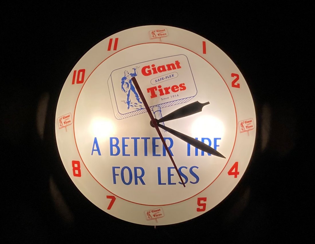 Giant Tires A Better Tire For Less Double Bubble Clock: Giant Tires "A Better Tire For Less" Double Bubble Clock. In excellent condition. Lights up and runs perfectly. Has original Advertising Products decal on back. 15" Diameter. Rated 9.5 by The Authenti