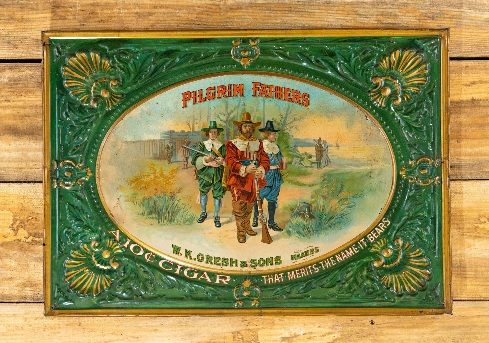 Pilgrim Fathers Cigar SS Embossed Metal Sign TAC 8.25