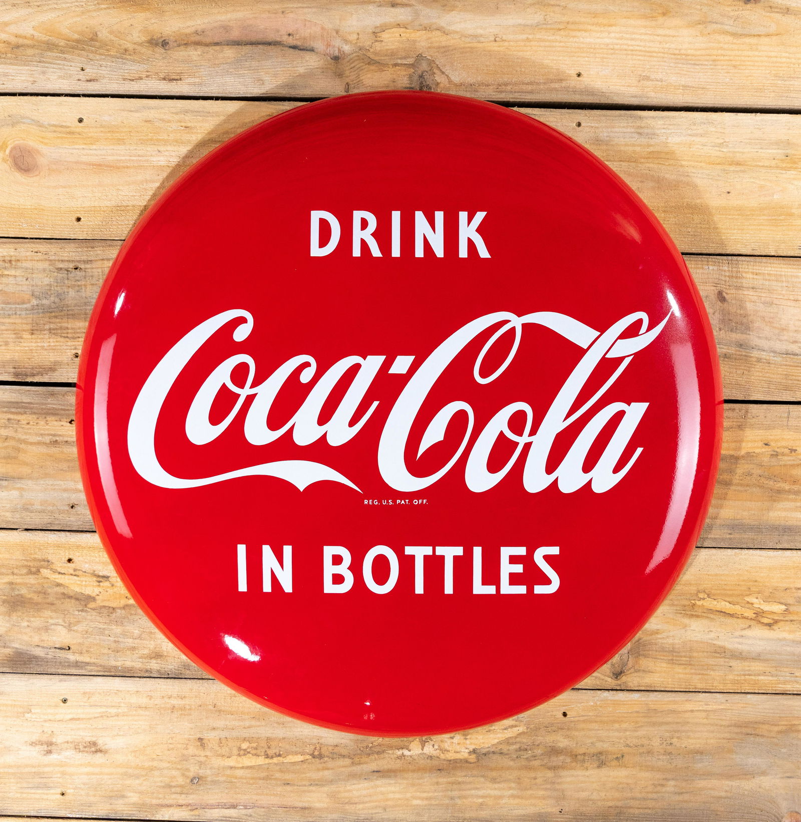 Drink Coca-Cola Bottles SS Porcelain Button Sign 9.75: 36" Drink Coca-Cola (Coke) in Bottles single sided porcelain (SSP) button sign. Excellent color and gloss. Nice overall sign. Measures 36" in diameter. Rated 9.75 by The Authentication Company (TAC #0
