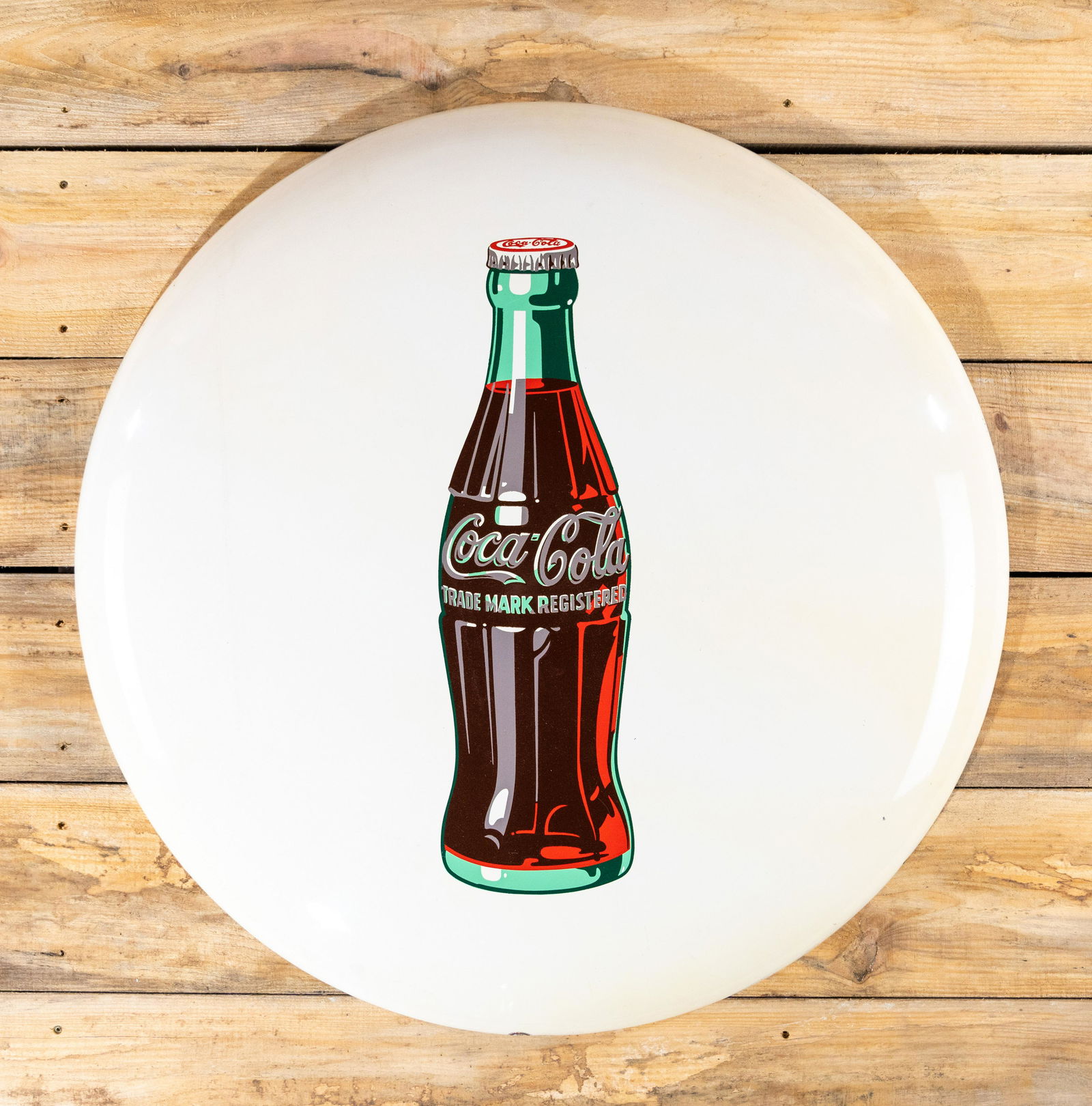 36" Coca-Cola White SS Metal Button Sign TAC 9: 36" Coca-Cola (Coke) White Metal Button Sign w/ Bottle single sided tin (SST) button sign. Very good color and shine. Slightly yellowed. Measures 36" in diameter. Rated 9 by The Authentication Company