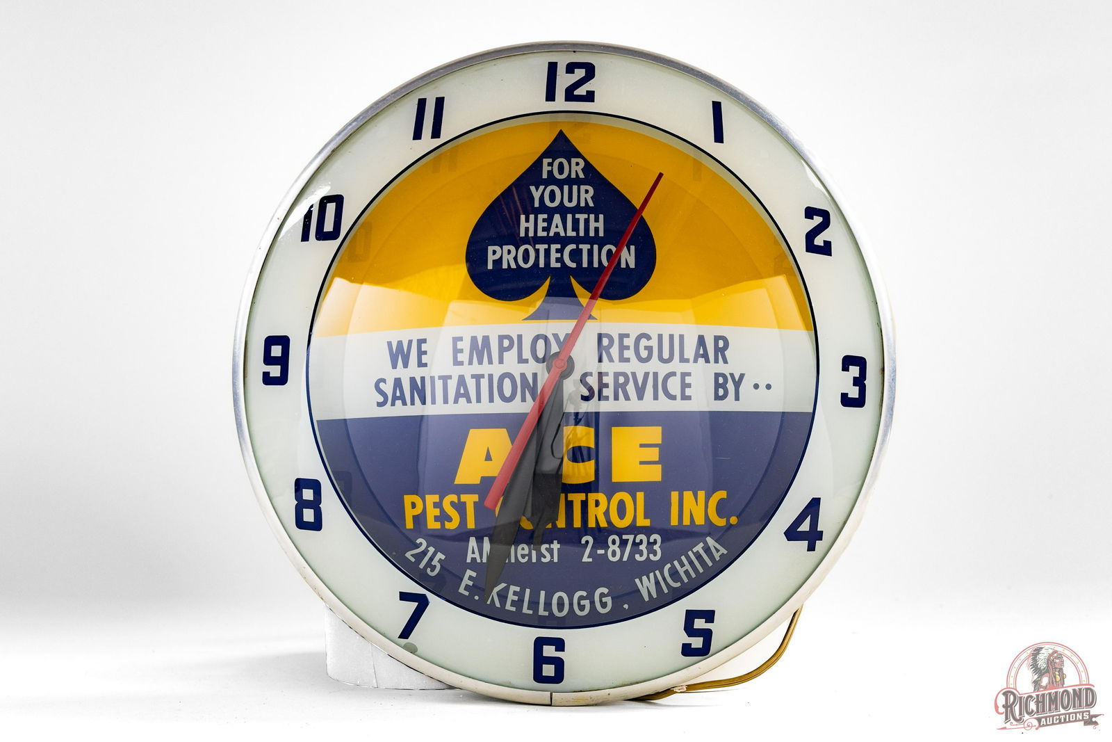 ACE Pest Control Lighted Double-Bubble Clock: ACE Pest Control Lighted Double-Bubble Clock. Clock works and lights. Nice colors. Metal back has original Advertising Products decal. Measures 15" diameter. Condition rated 9 by The Authentication Co