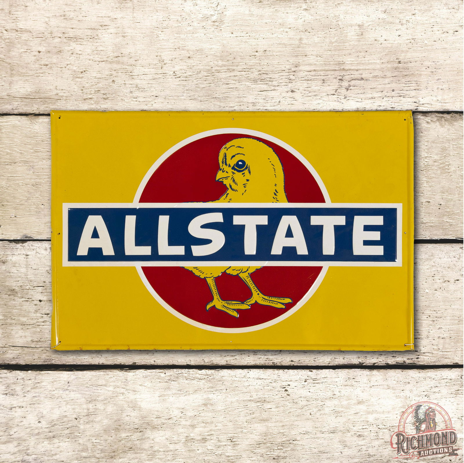 Allstate Chicken Feed Single Sided Metal Sign TAC 9: Allstate Chicken Feed Single Sided Metal Sign TAC 9. SST (single sided tin) embossed sign has excellent color and shine with very light wear. Measures 24"x36". Rated 9 by The Authentication Company (T