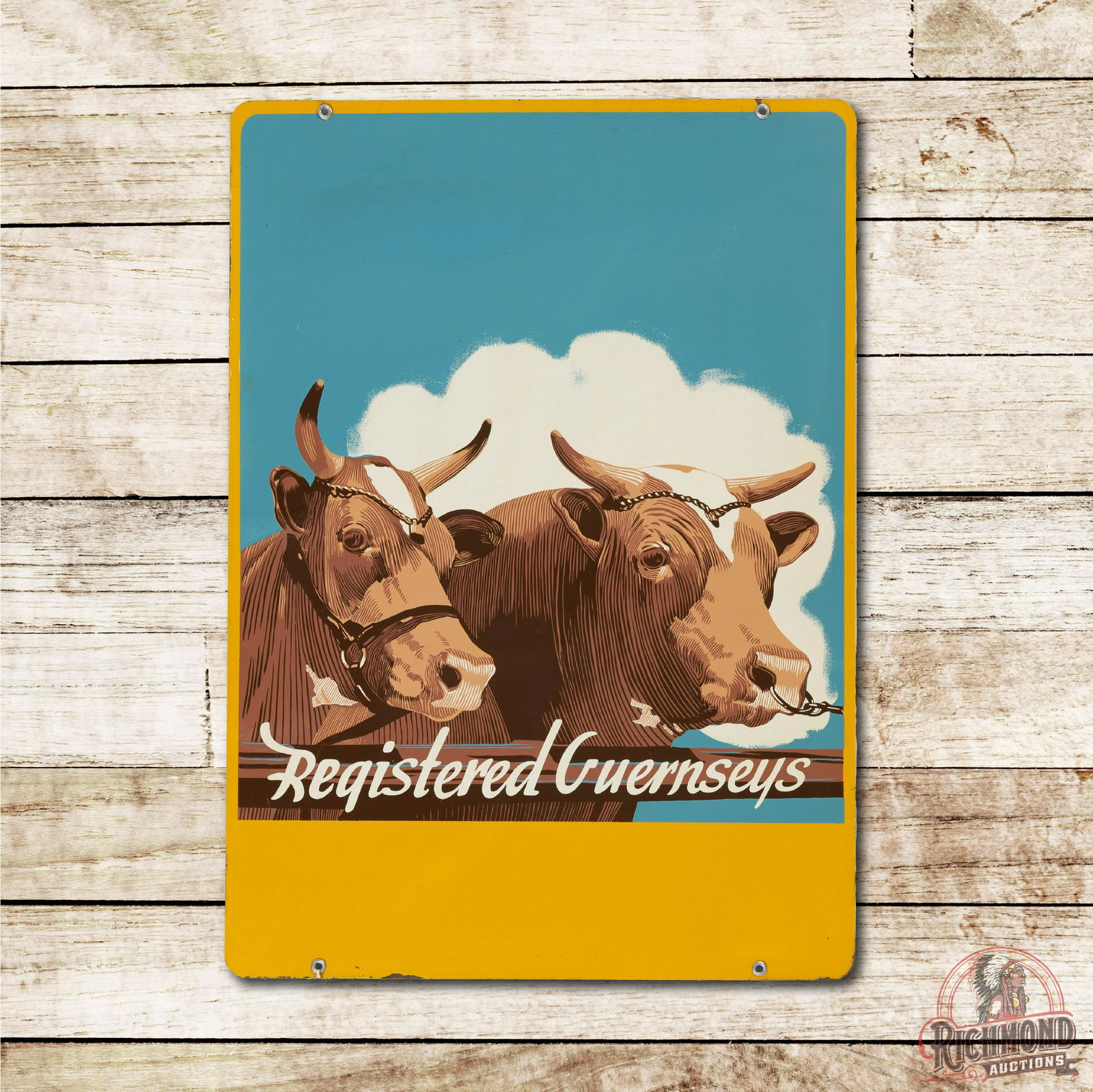 Registered Guernsey DS Metal Sign TAC 9.25 & 8.9: Registered Guernsey Double Sided Metal Sign TAC 9.25 & 8.9. DST (double sided tin) sign has excellent color and shine with a nice display. The reverse has a few fine scratches in the outer fields. Mea