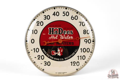 HaDees Hot Water Car Heaters Round Thermometer TAC 9: HaDees Hot Water Car Heaters Round Thermometer TAC 9. Round thermometer with glass bezel showing very good color and shine. Light wear. Marked The Vernon Company. Measures 12" diameter. Condition rate