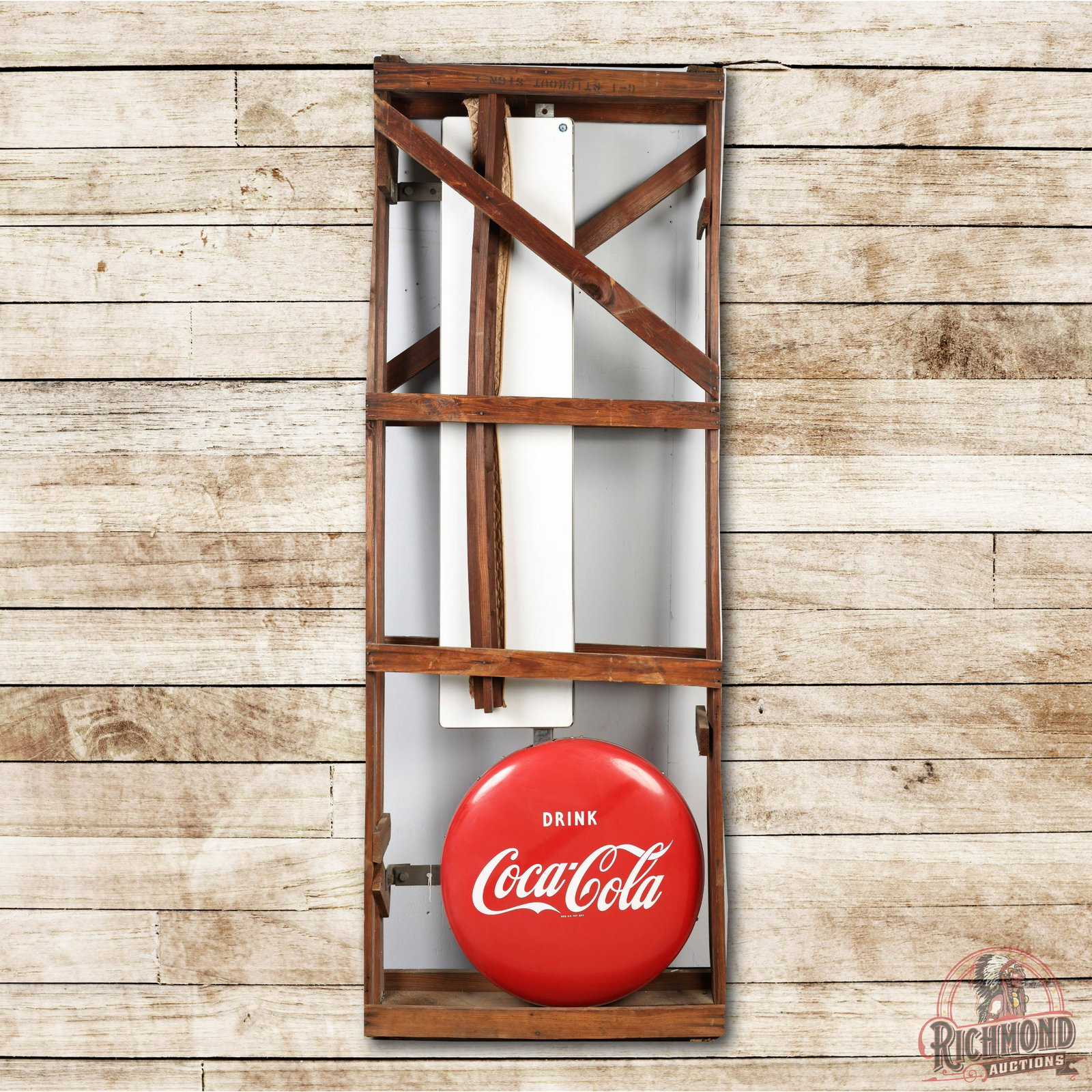 NOS Drink Coca-Cola Buttons & Vertical Porcelain Sign: New In Original Crate Drink Coca-Cola Buttons & Vertical Porcelain Sign TAC 9. Multiple-piece SSP (single sided porcelain) signs with excellent color and gloss. Included privilege panel tops. Measures