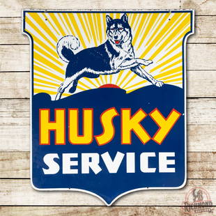 1940's Husky Service DS Porcelain ID Sign TAC 8.5: 1940's Husky Service 48" Double Sided Porcelain ID Sign TAC 8.5. DSP (double sided porcelain) shield shaped sign with excellent gloss and color. The display has a couple flea bites in the field with s