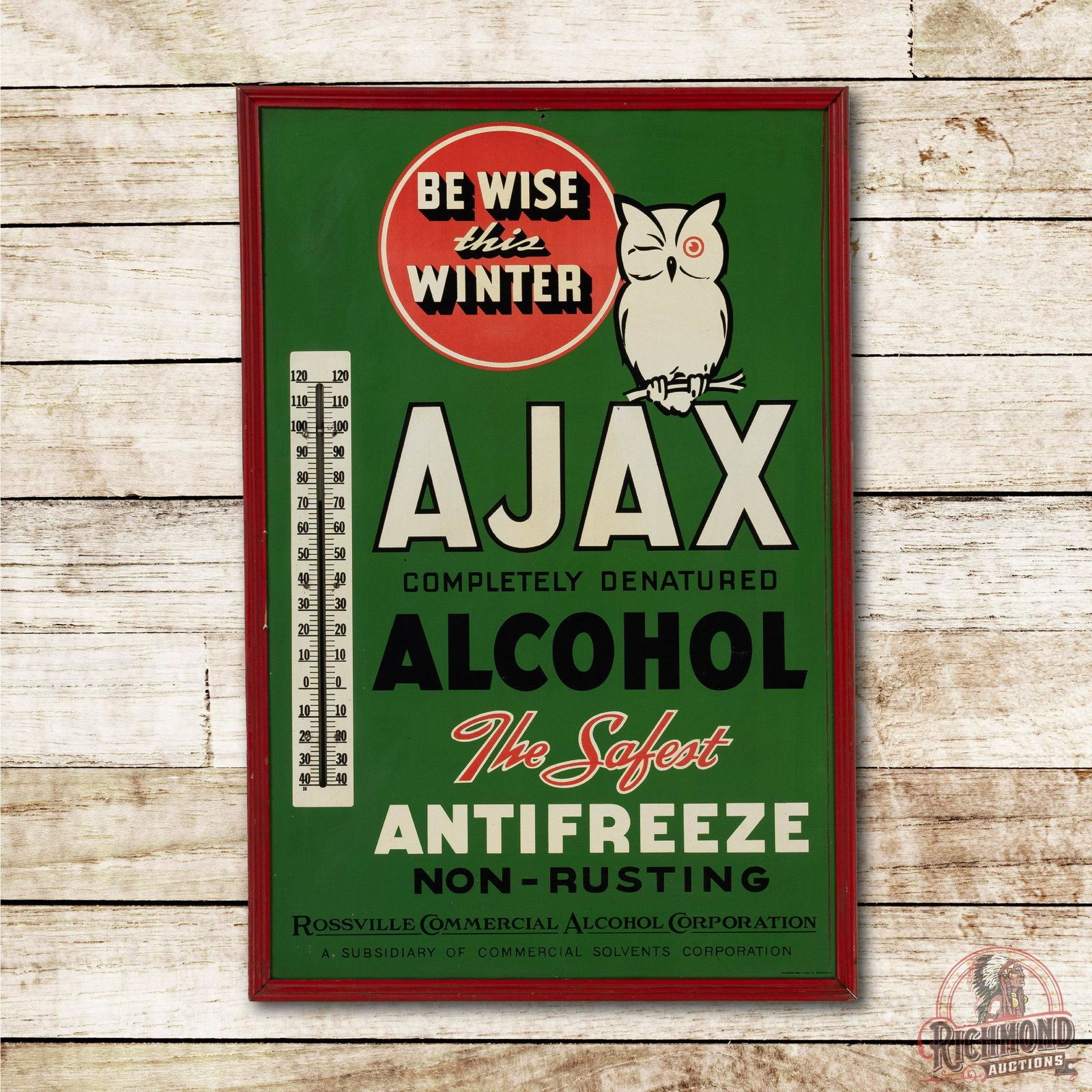 Ajax Alcohol Antifreeze Metal Thermometer Sign TAC 9+ (1 of 3)