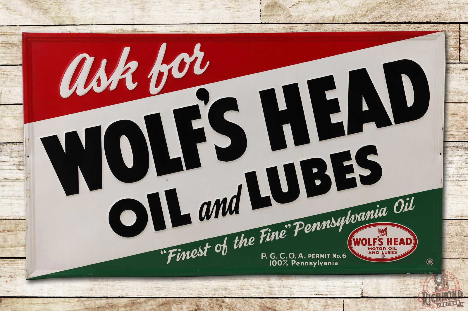 1955 Ask for Wolf's Head Oil & Lubes Metal Sign TAC 9+ (1 of 3)