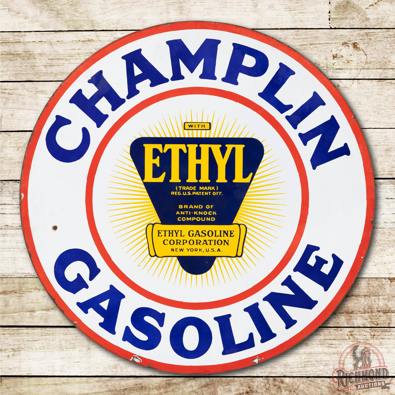 30" Champlin Gasoline w/ Ethyl Porcelain Sign TAC 8.75 (1 of 3)