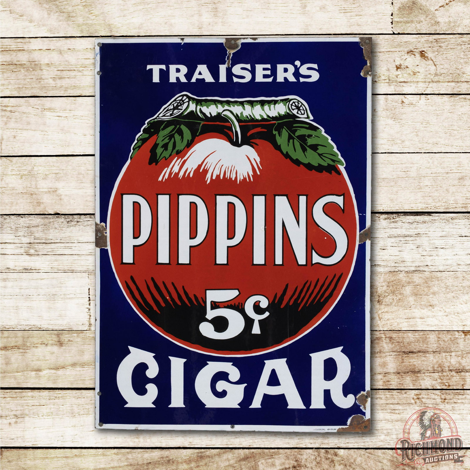 Traiser's Pippins 5c Cigars SS Porcelain Sign TAC 8.75 (1 of 3)