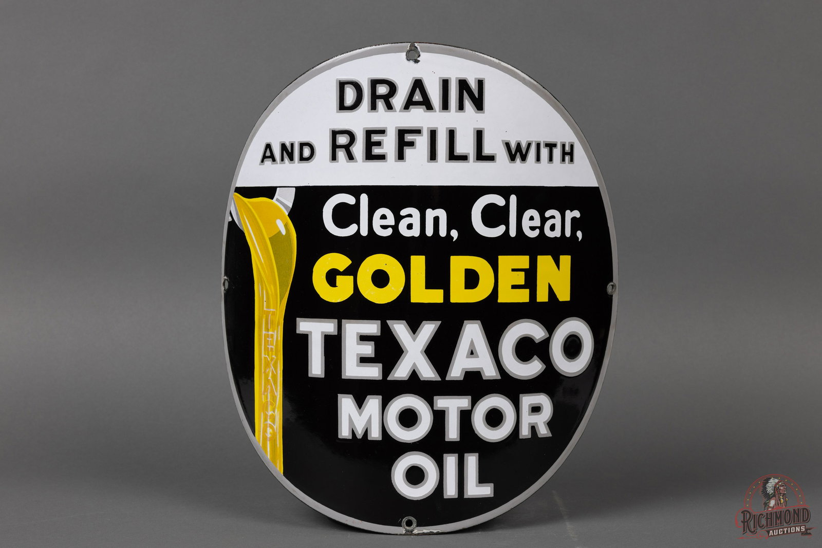 15" Texaco Drain & Refill Porcelain Curved Sign TAC 9 (1 of 3)