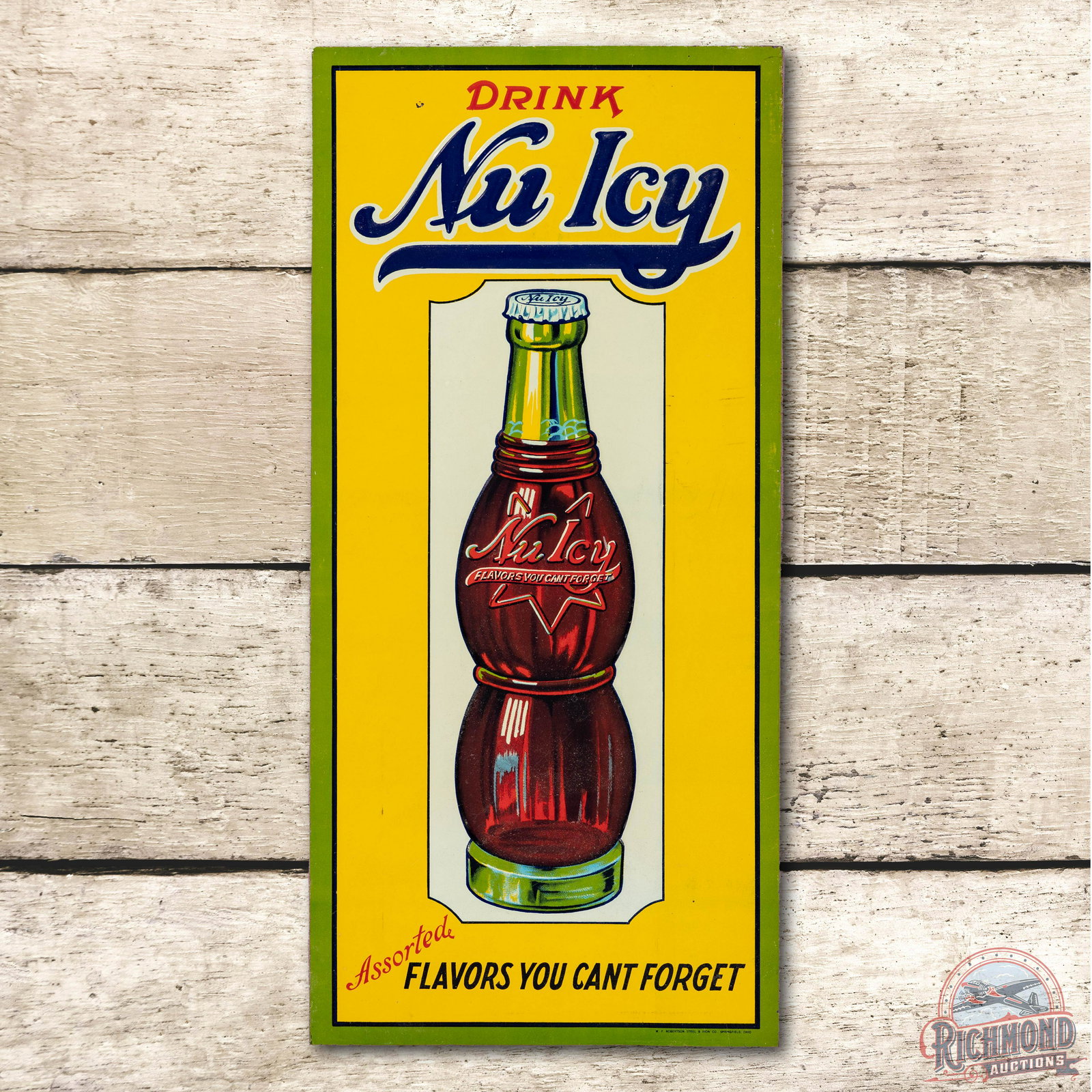 Drink Nu Icy & Bottle Metal Sign TAC 8.9: Single sided tin (SST) embossed sign has excellent color and shine with a minor crease in the field. Marked Robertson. Measures 19.5" x 9.25". Rated 8.9 by The Authentication Company (TAC #041942).