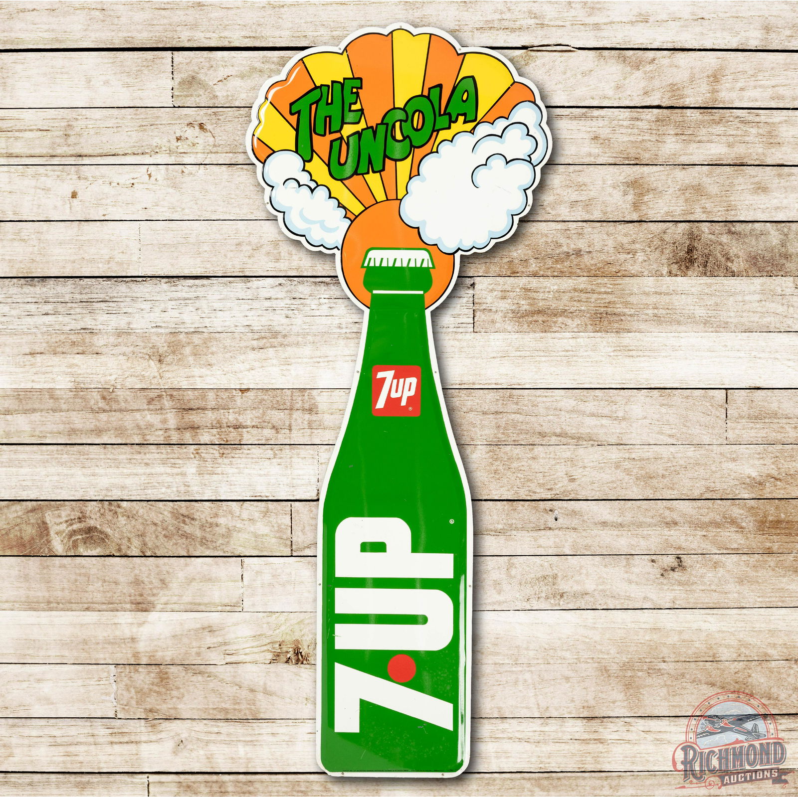 7up "The Uncola" Peter Max Style Metal Sign TAC 8.5: Single sided tin (SST) embossed die cut sign has excellent color and shine. Shows a minor crease at the neck with light wear and a few fine scratches. Mounted on plywood. Marked Stout. Measures 71" x