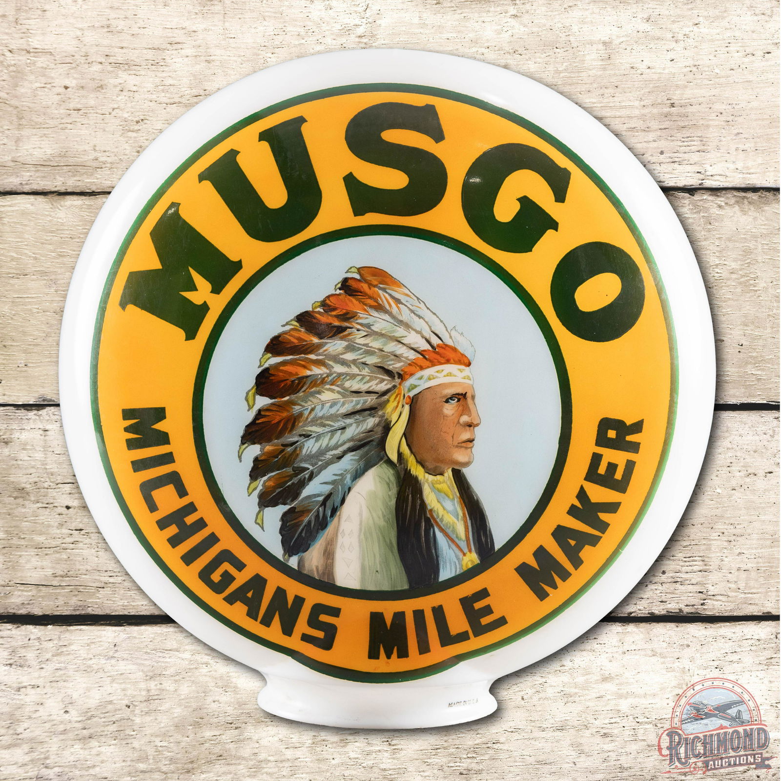 Musgo Michigan's Mile Maker OP Milk Glass Globe TAC 9.5: New old stock (NOS) one piece baked (OPB) milk glass globe. The body and images on both side are in excellent condition. These gas pump globes are hand painted and fired on meaning they are all just a