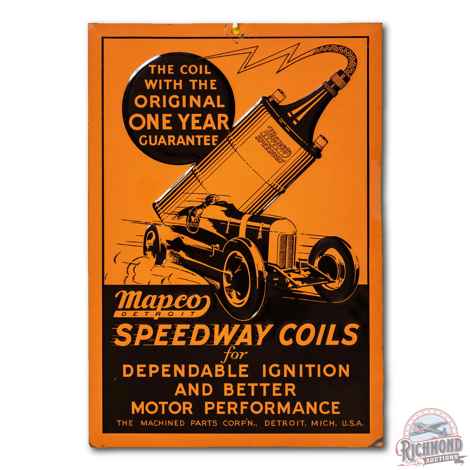 Mapco Speedway Coils Embossed Tin Sign w/ Race Car (1 of 2)