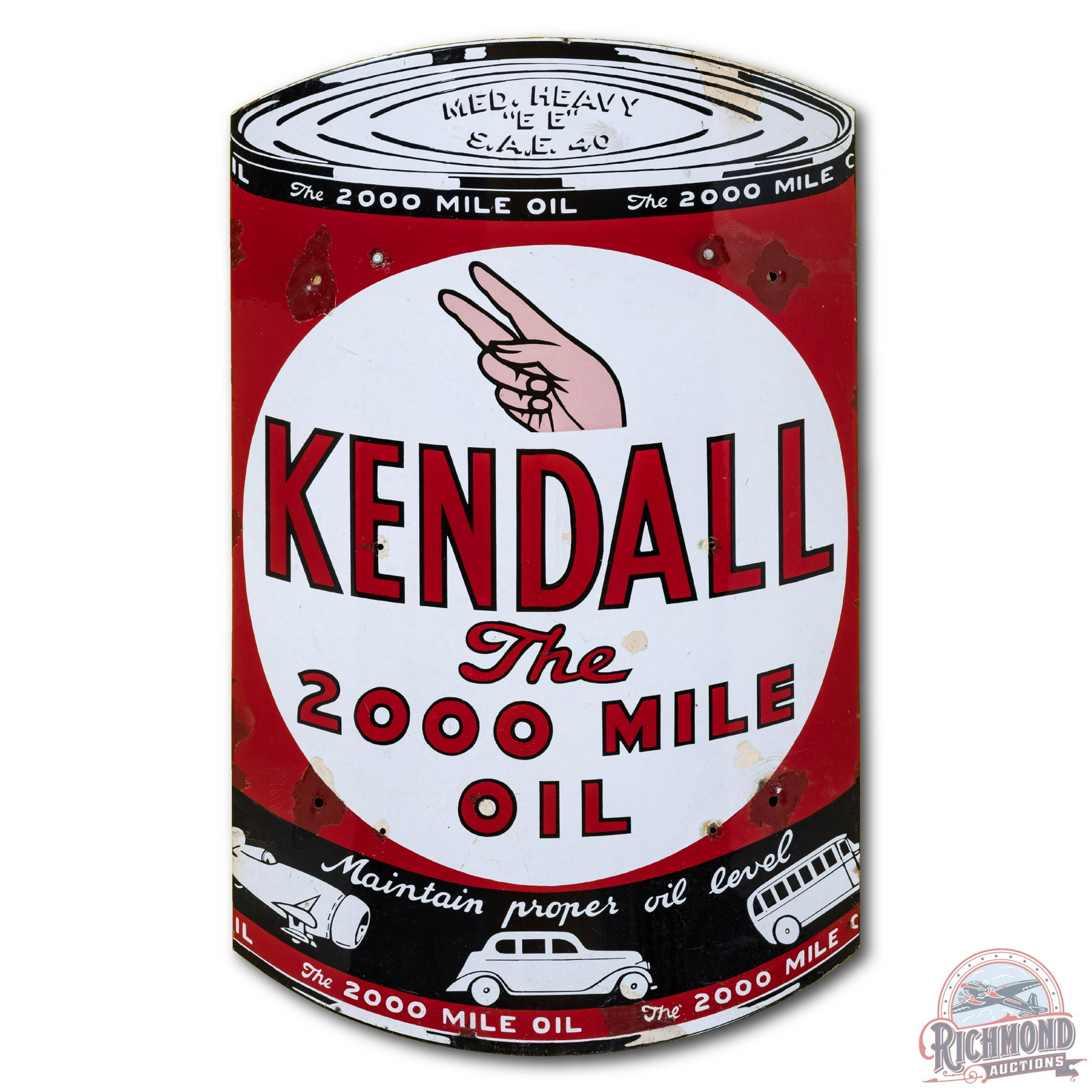 Kendall The 2000 Mile Oil Curved Porcelain Sign: Single sided porcelain (SSP) curved sign has good color and gloss. There's wear in the field with touched up chips and 6 extra mount holes (3 on each side added). There's touched up chips in the outer