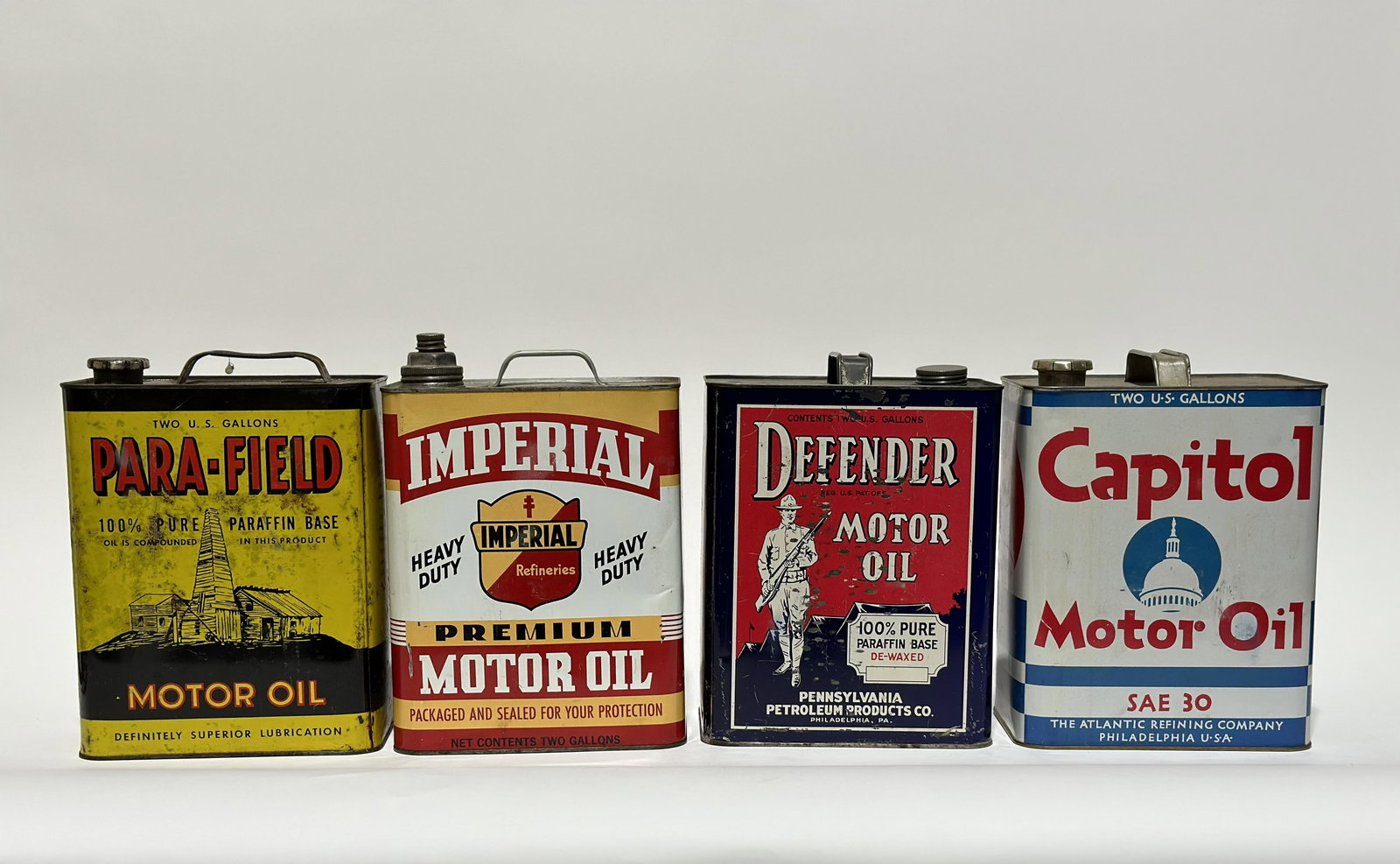 Four 2 Gal Oil Cans Imperial Parafield Defender Capitol (1 of 4)