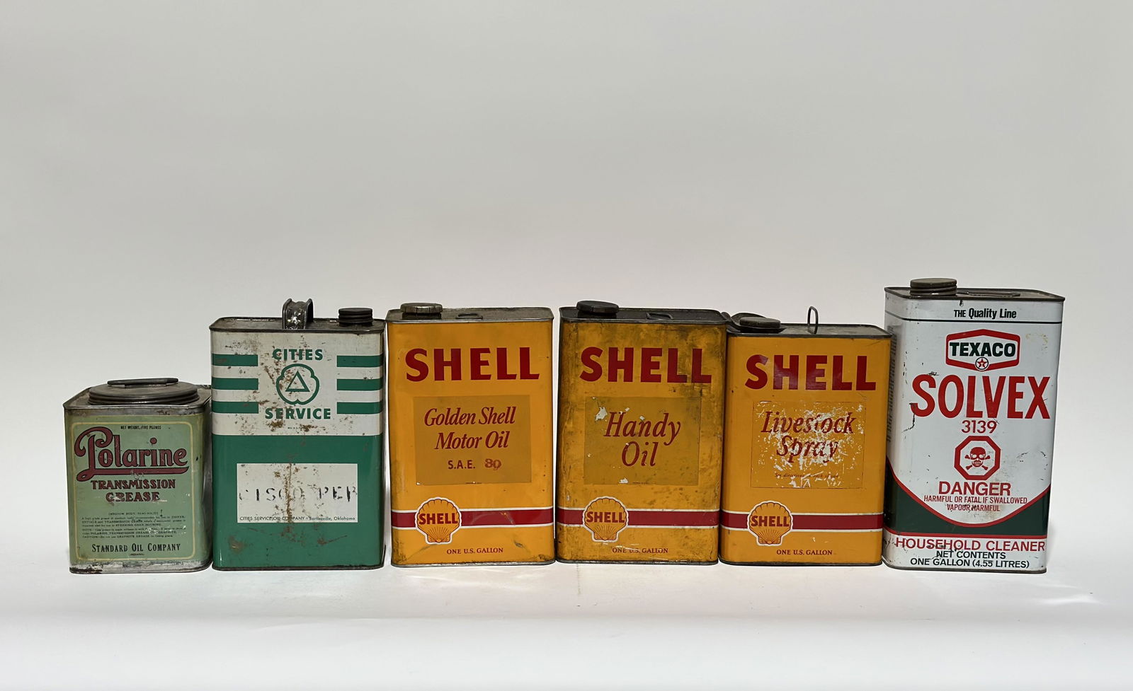 Lot of 6 Metal Oil Cans Shell Texaco Polarine (1 of 2)