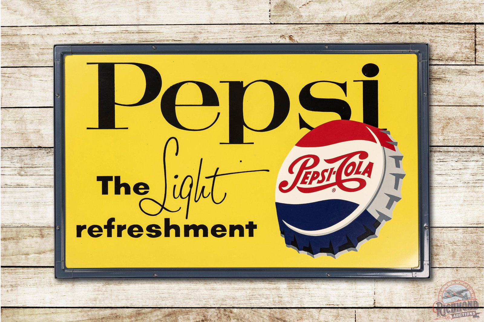 Rare NOS 5' Pepsi The Light Refreshment Tin Sign & Original Frame w/ Box: Very rare NOS (new old stock) Single sided tin (SST) sign with original metal frame and shipping box. The sign has excellent color and shine. The sign is very clean with several small black spots that
